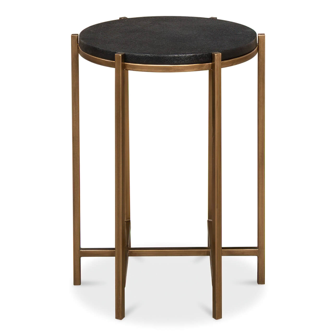 Front view of accent table, bronze frame, black top.