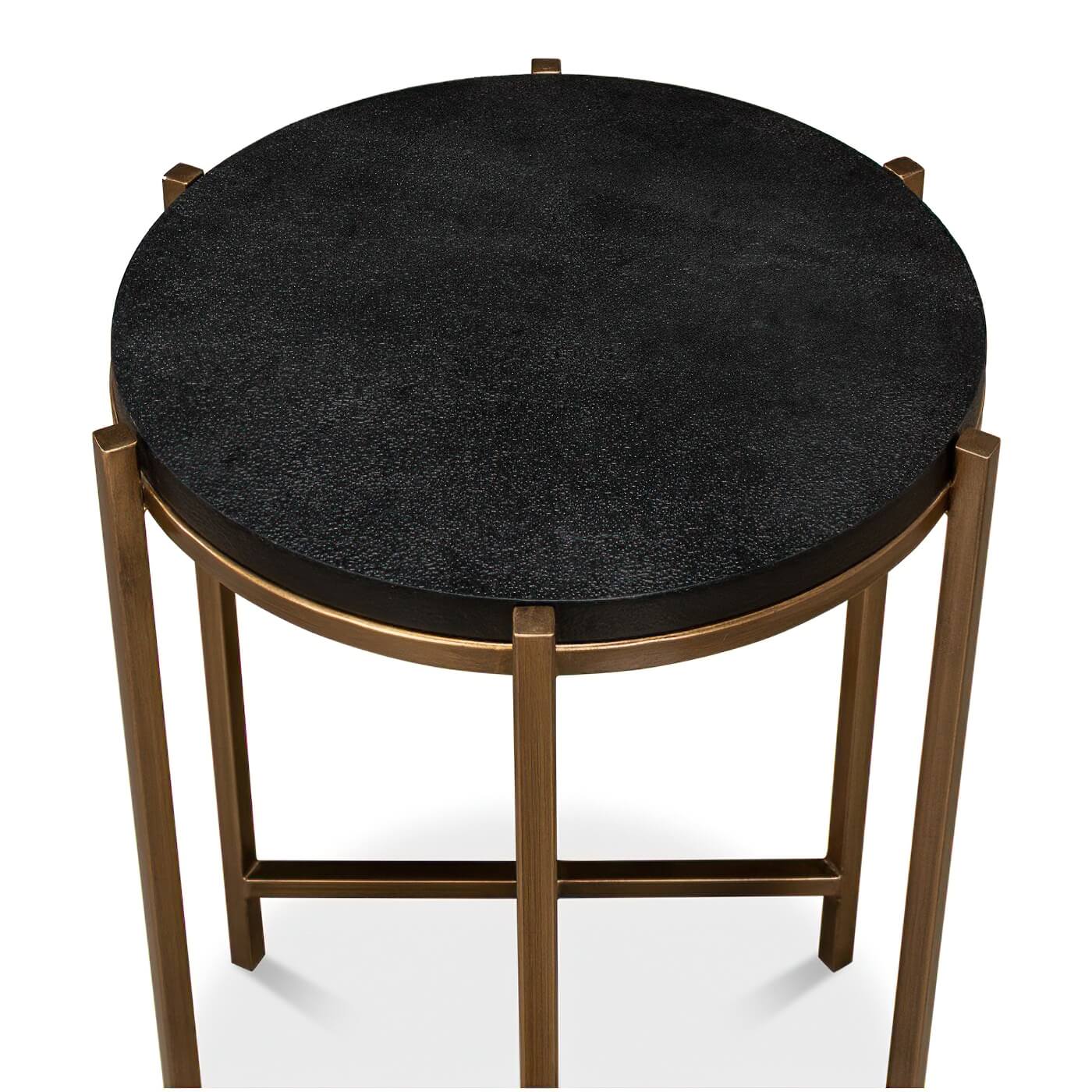 Top-down view of black leather accent table, smooth surface.