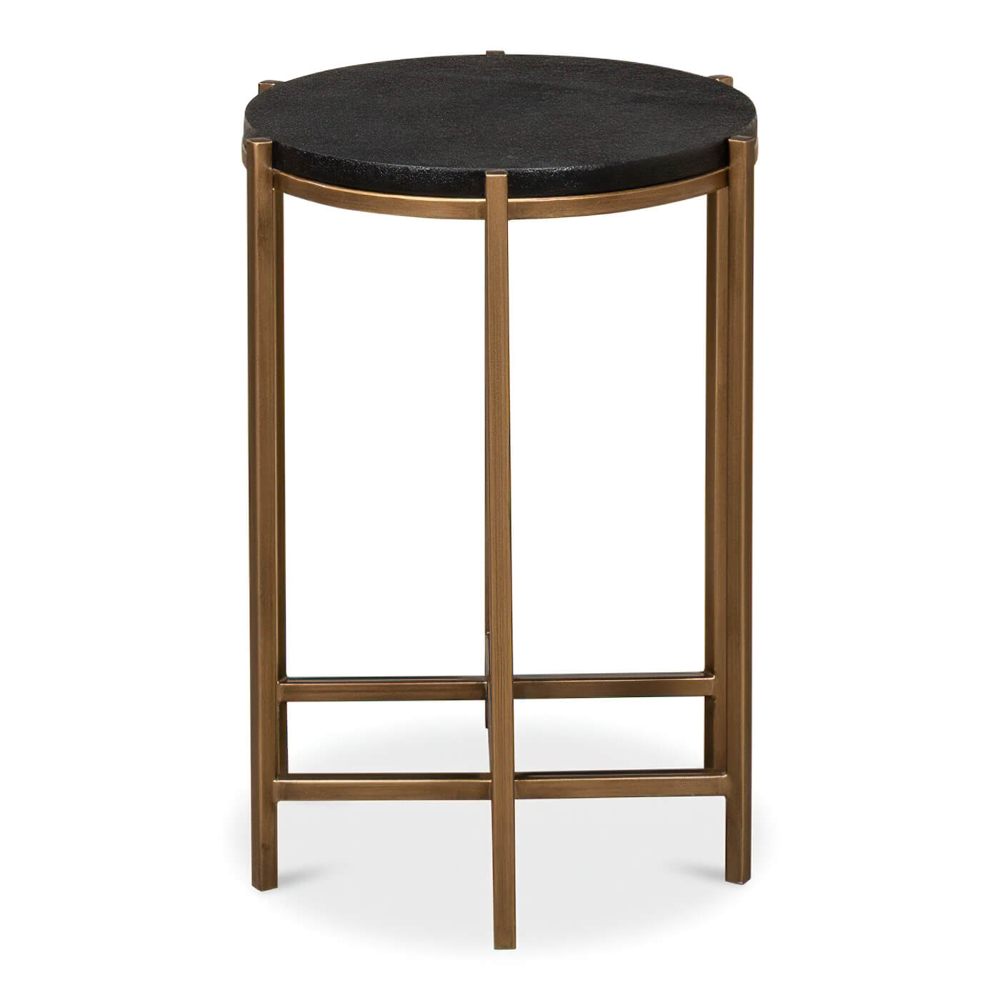 Side view of modern accent table, leather top detail.
