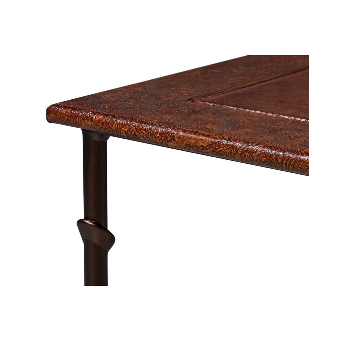 Corner detail of modern nesting table, metal and leather.