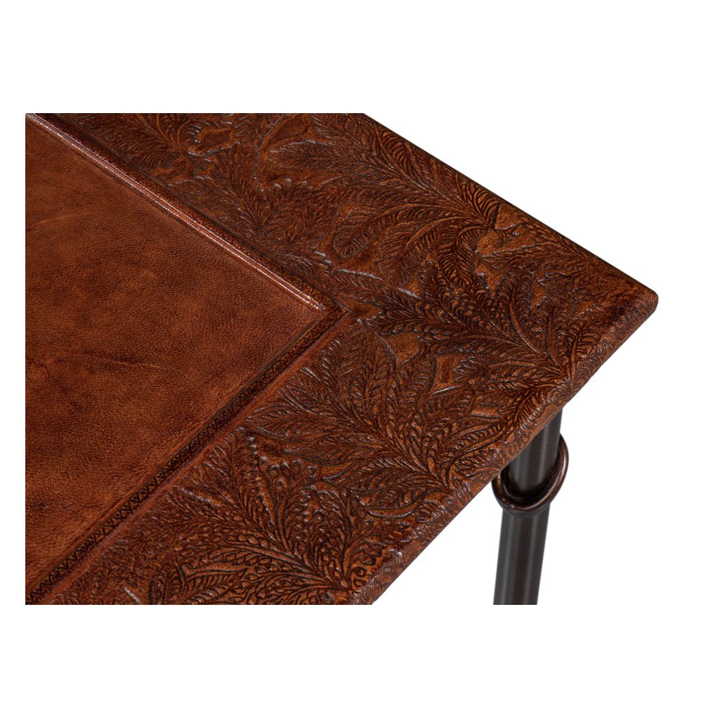 Close-up of leather detailing on nesting table top.