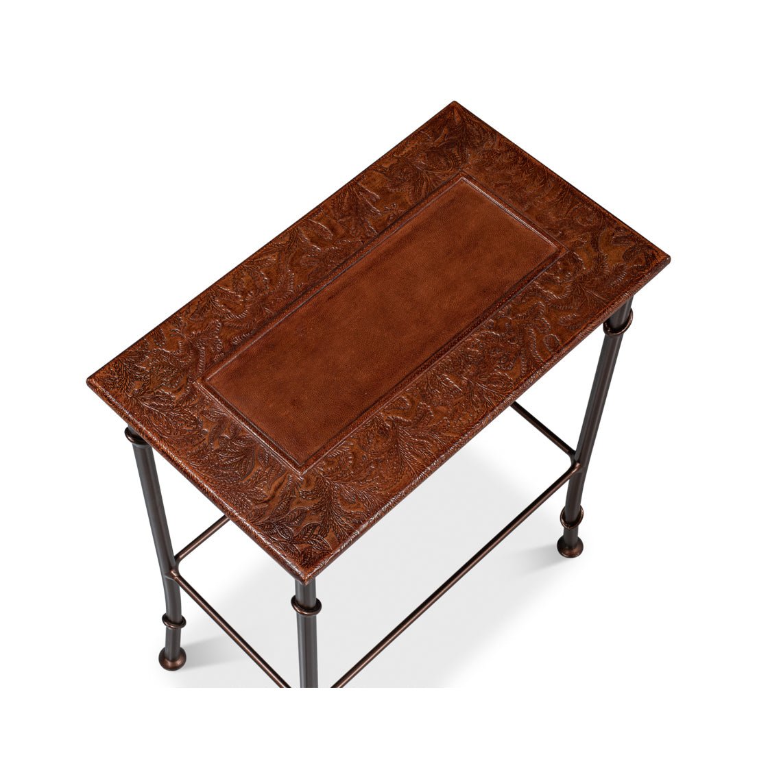 Top view of nesting table, intricate leather design.