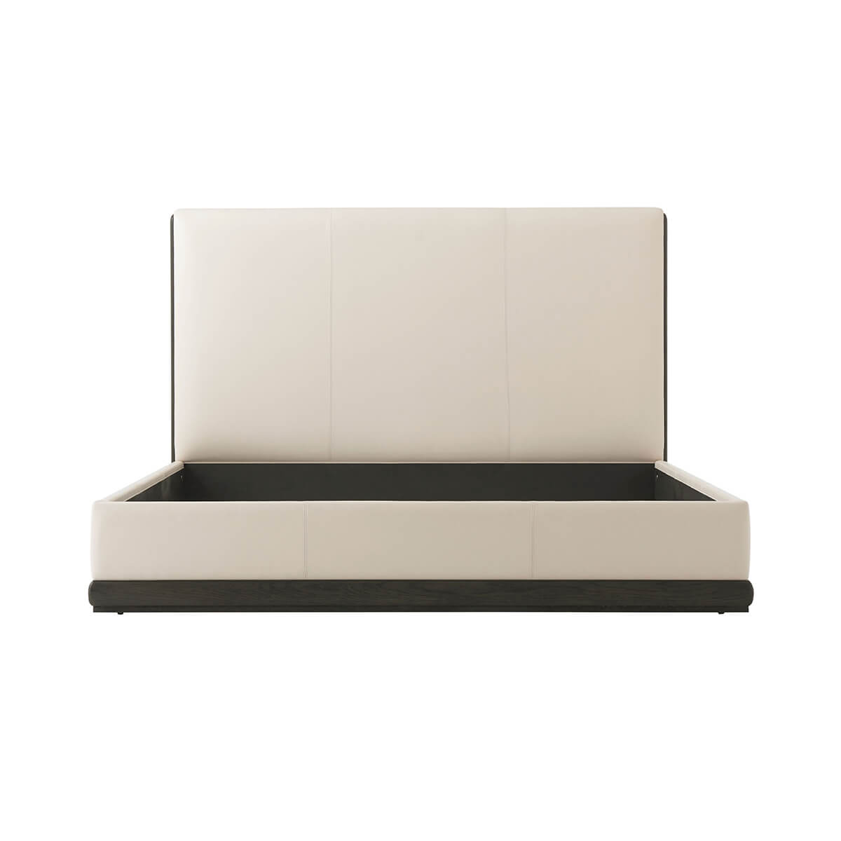Modern leather king bed frame without mattress, front view.