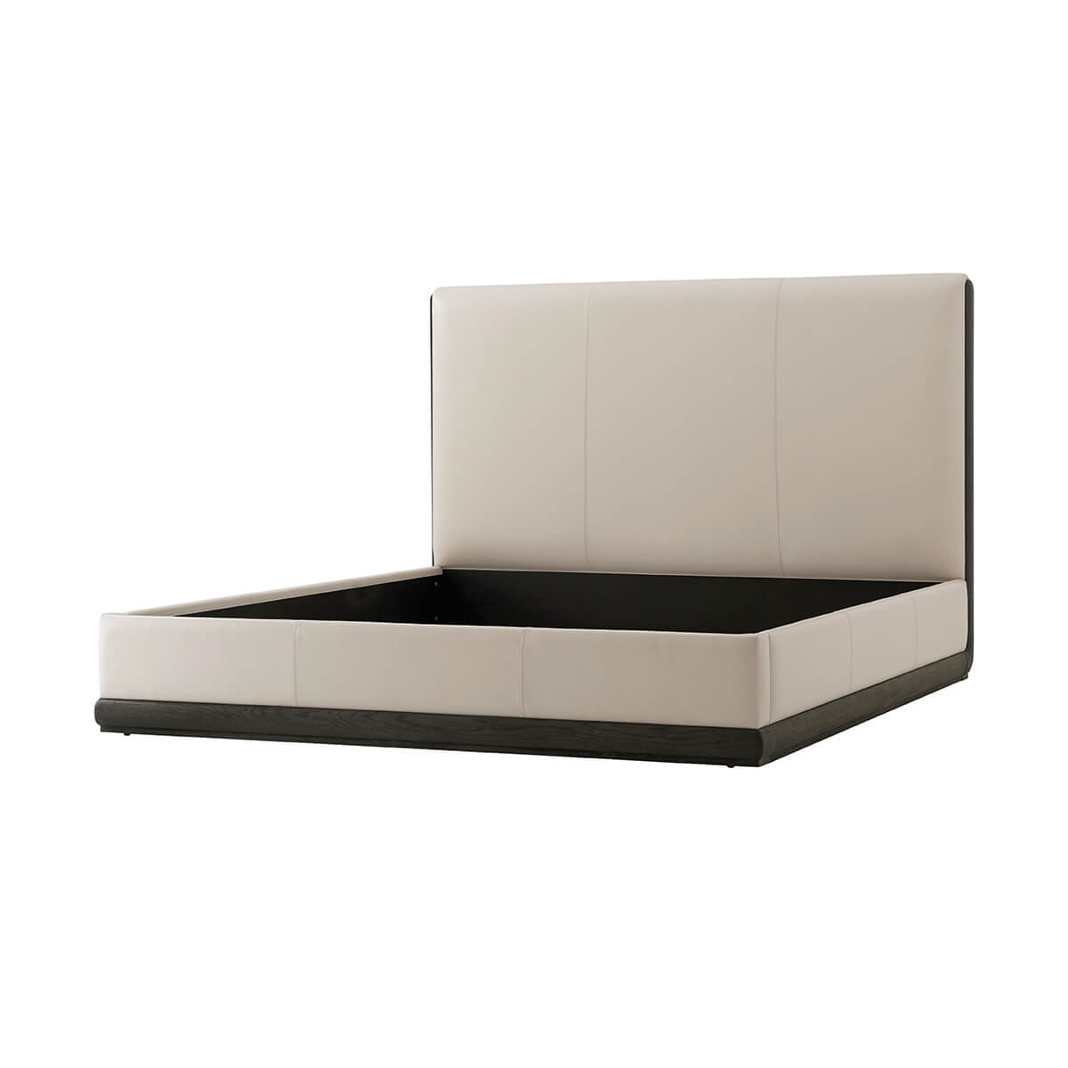 Modern king bed showing headboard and bed frame, angled.