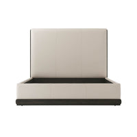 Modern leather queen bed frame, front angle with headboard.