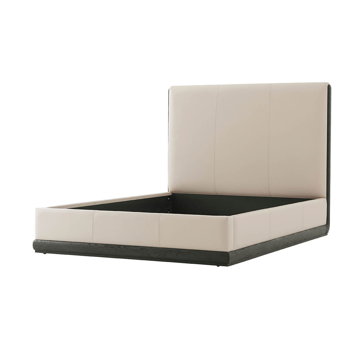 Modern queen bed frame, angled view, no mattress.