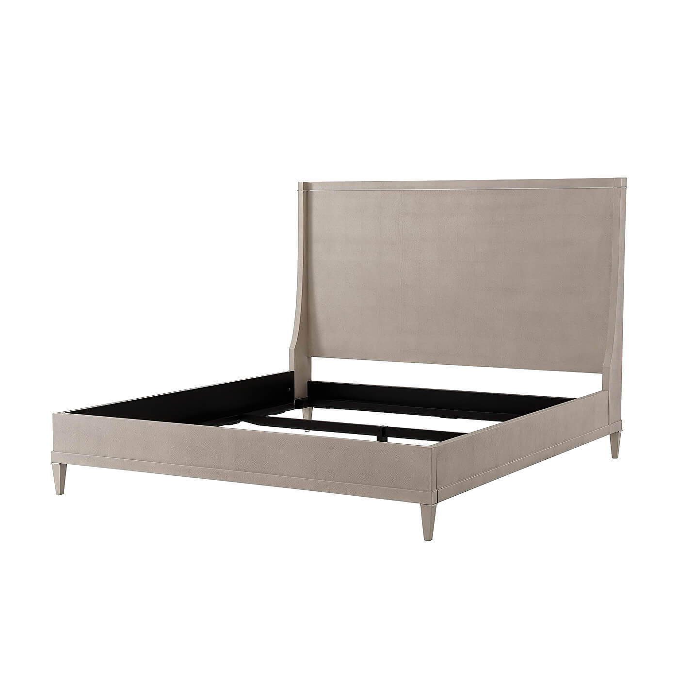 Modern leather wrapped bed frame without mattress, angled view.