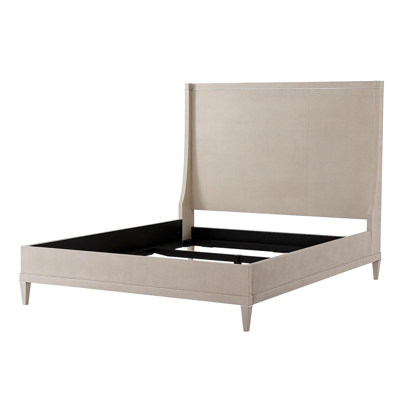 Beige modern leather bed frame, no bedding, front view.