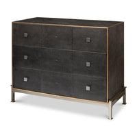 Black leather dresser with metal accents, angled view.