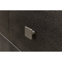 Close-up of dresser handle, square metal knob detail.