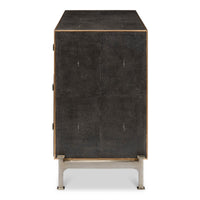 Side view of modern dresser, leather and metal base.