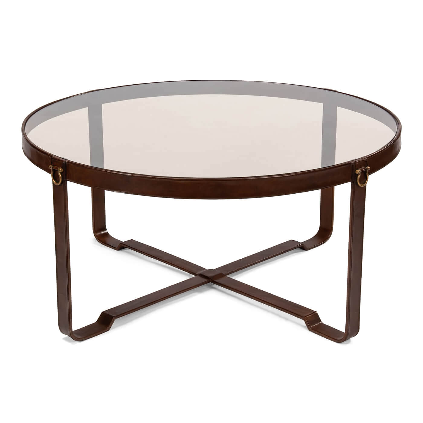 Front view of round coffee table, glass and leather.