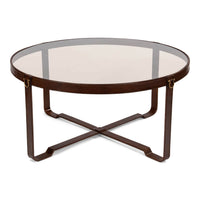 Front view of round coffee table, glass and leather.