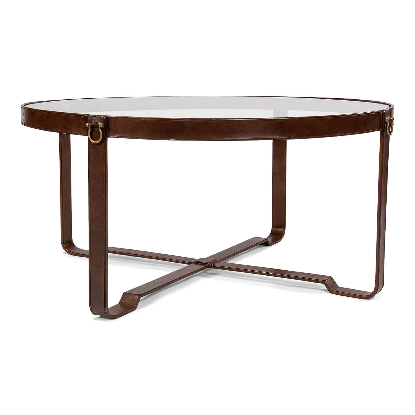 Side view of round coffee table with leather accents.