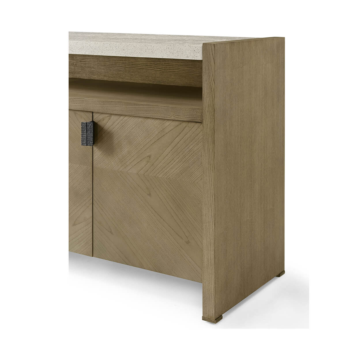 Side detail of modern light ash media cabinet.
