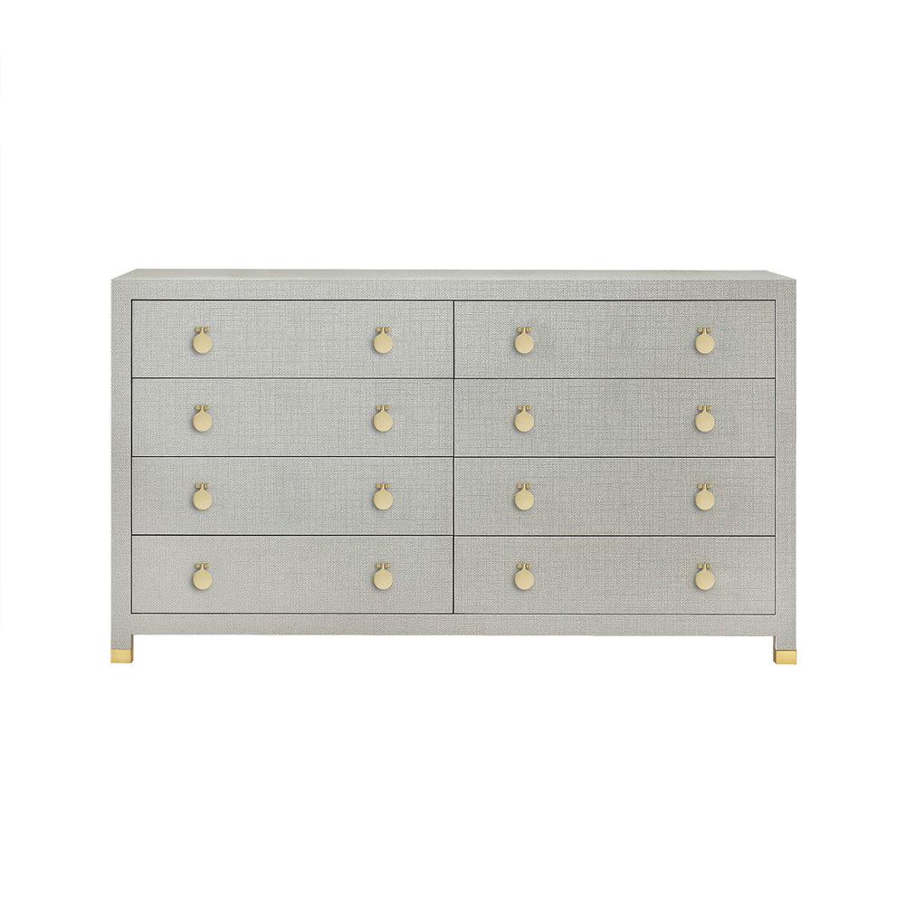 Light gray dresser with gold hardware, front view.