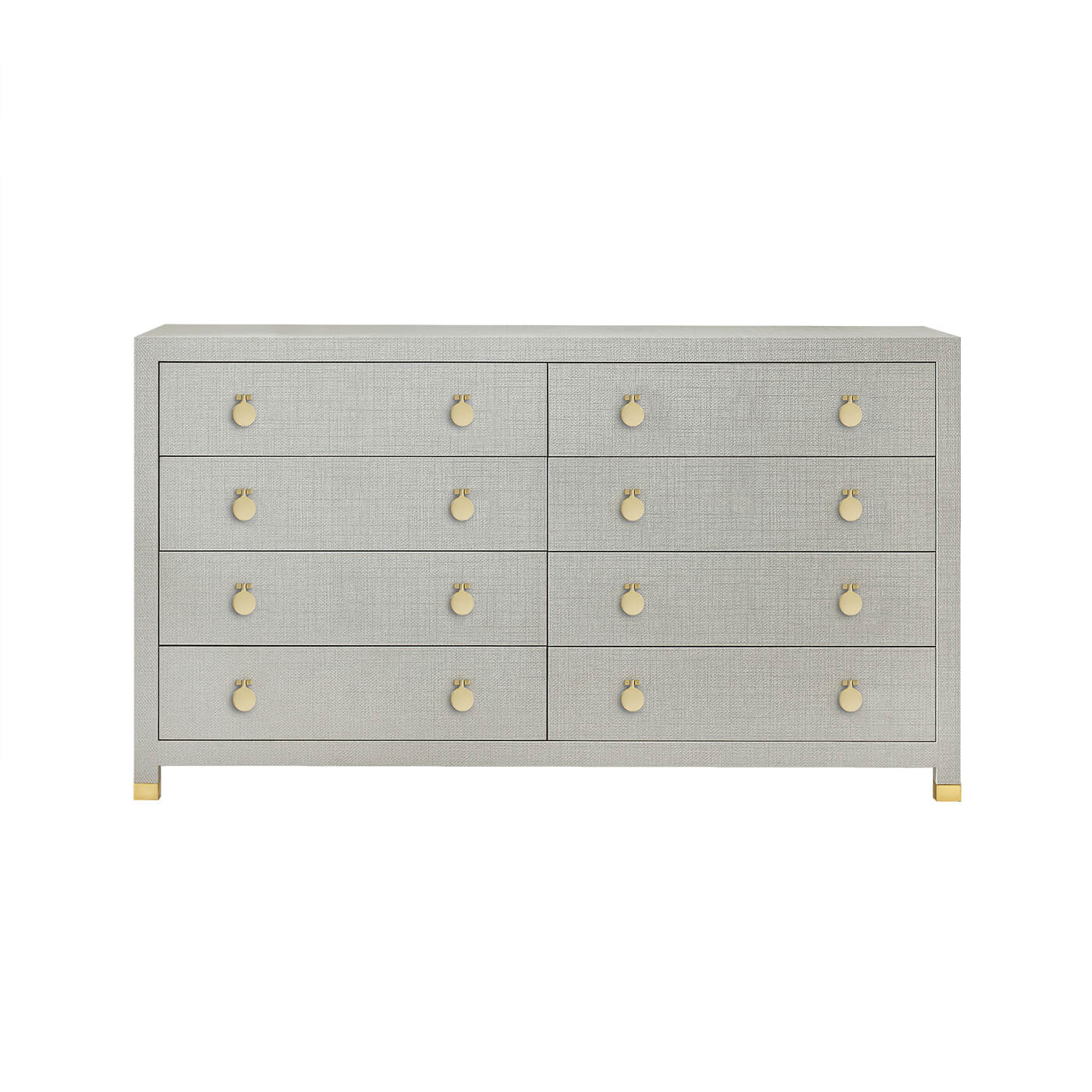 Light gray dresser with gold hardware, front view.