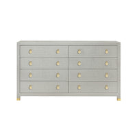 Light gray dresser with gold hardware, front view.