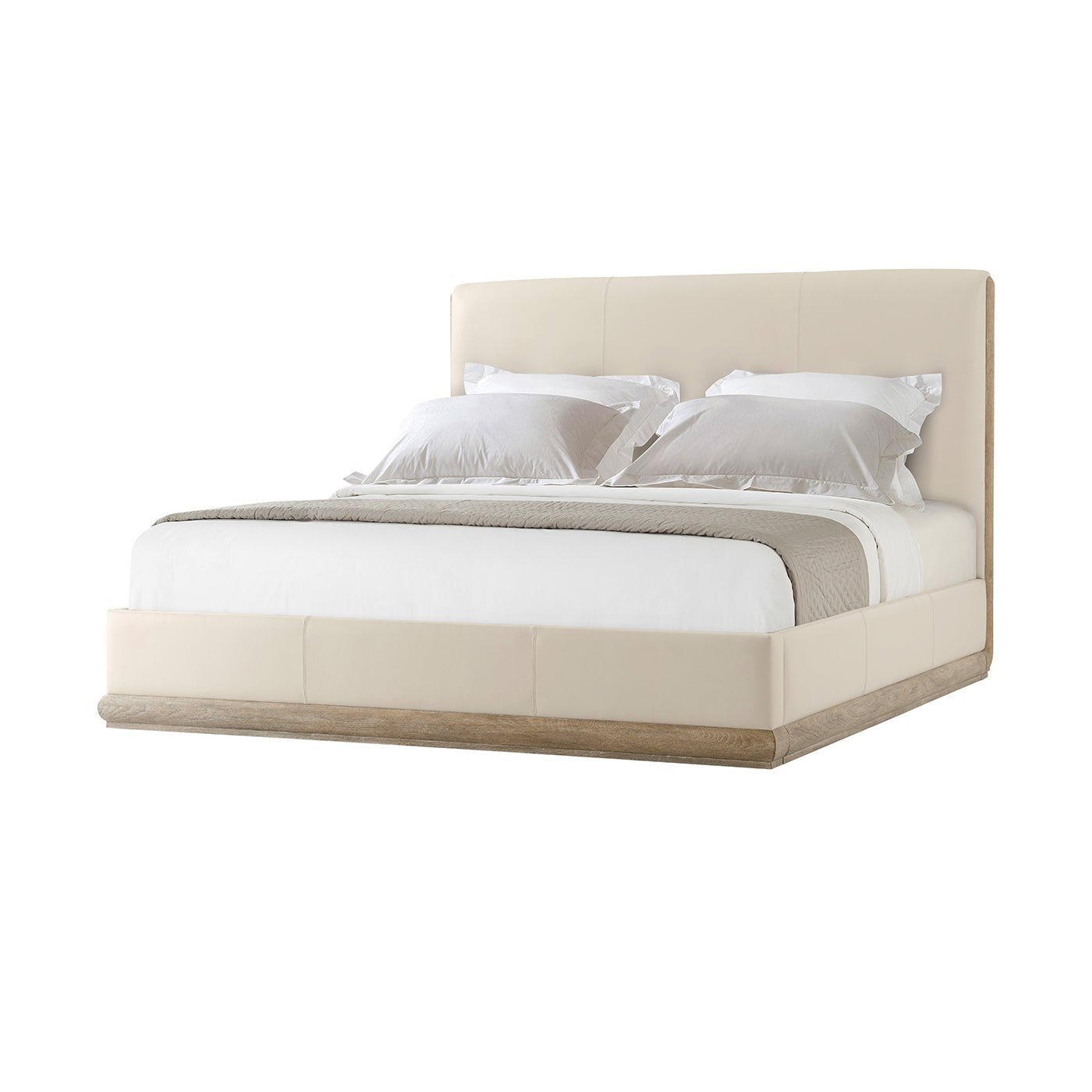 Angled view of modern light oak leather upholstered bed.