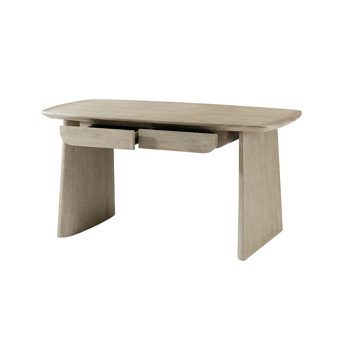 Light oak desk, open drawers, functionality displayed.