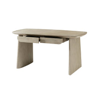 Light oak desk, open drawers, functionality displayed.