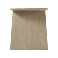 Light oak desk, side view, sturdy tapered base.