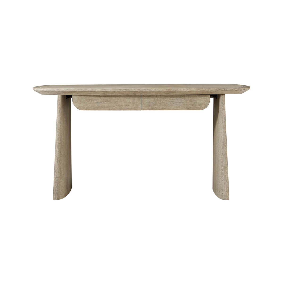 Light oak desk, front view, sleek and minimalist style.