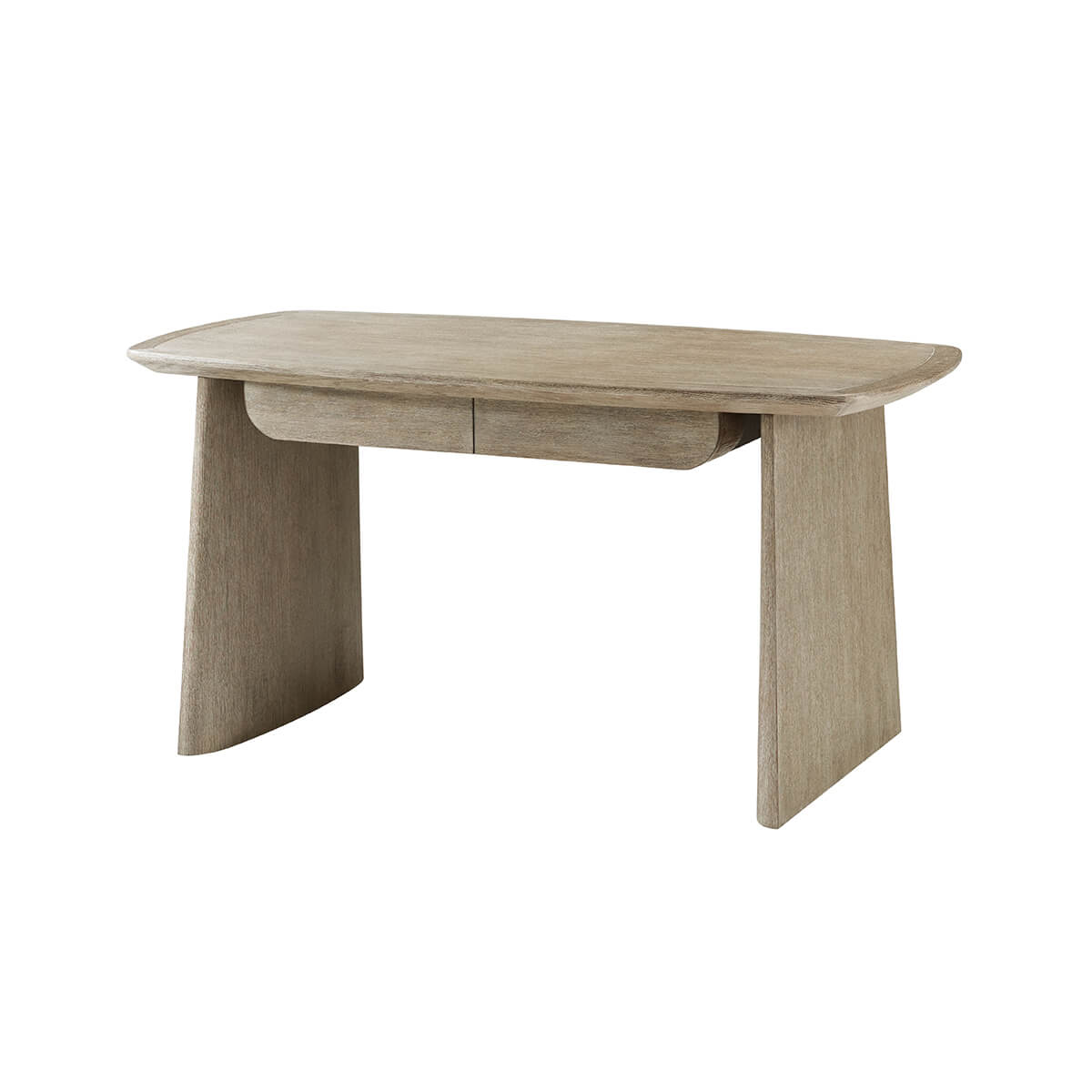 Light oak desk, three-quarter front view, modern design.
