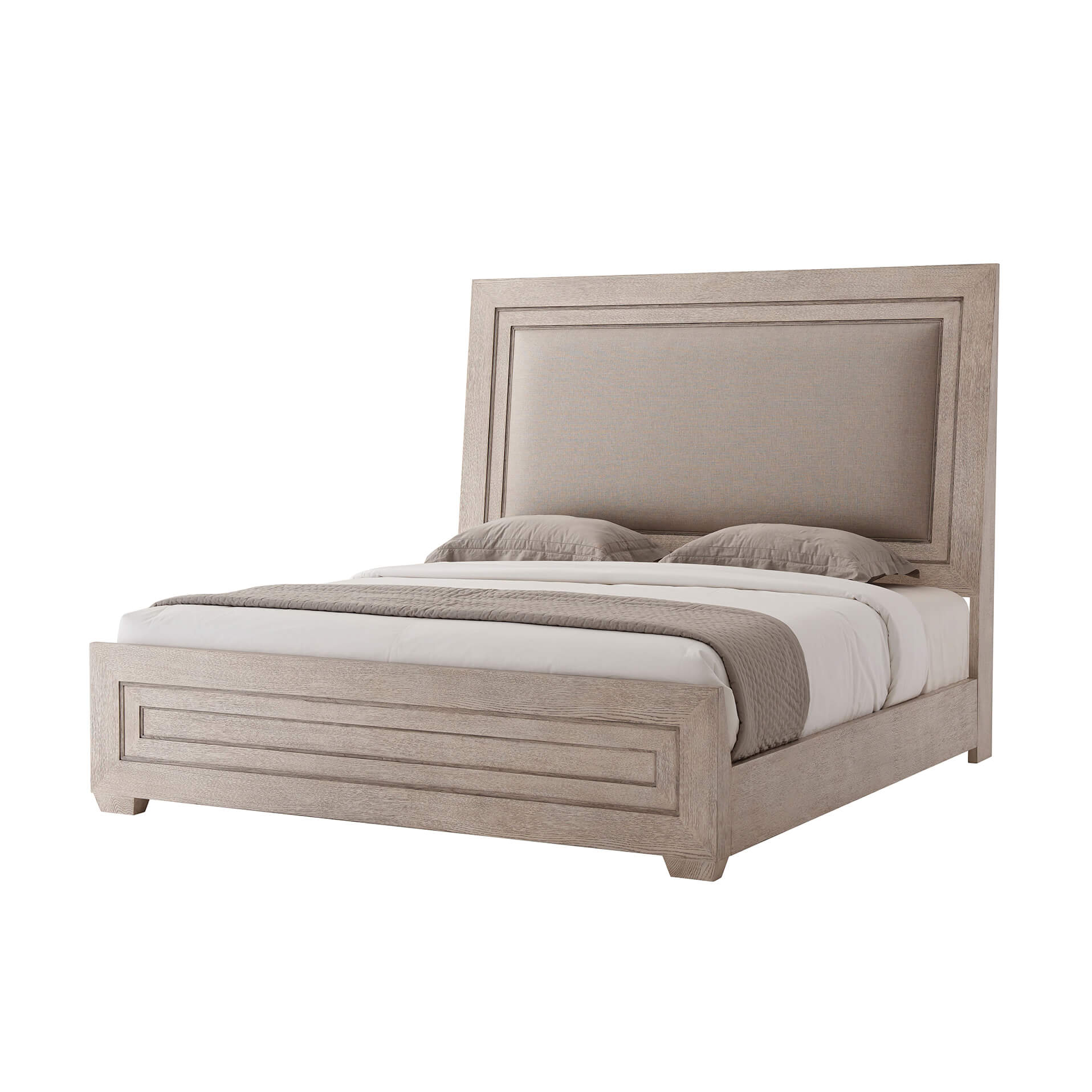 Modern light oak king size bed with bedding.