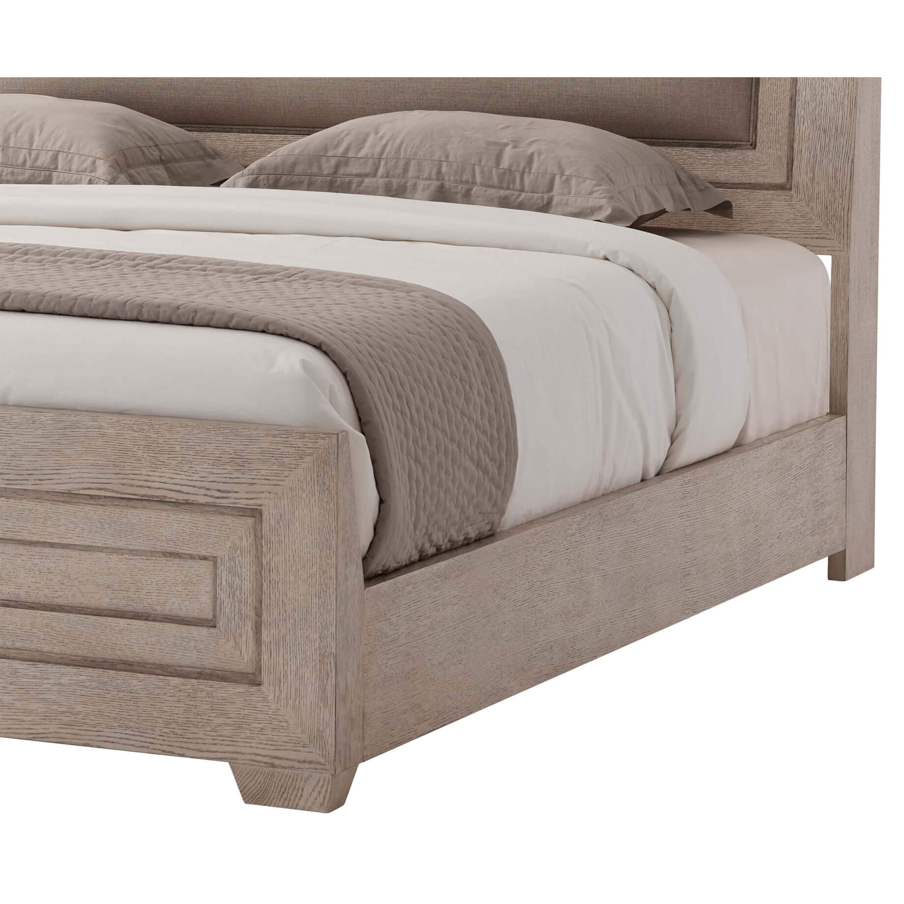 Side view of modern light oak king size bed.