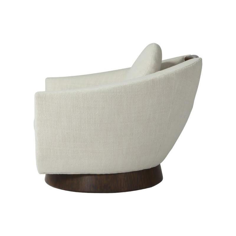 Beige modern lounge chair, side profile view.