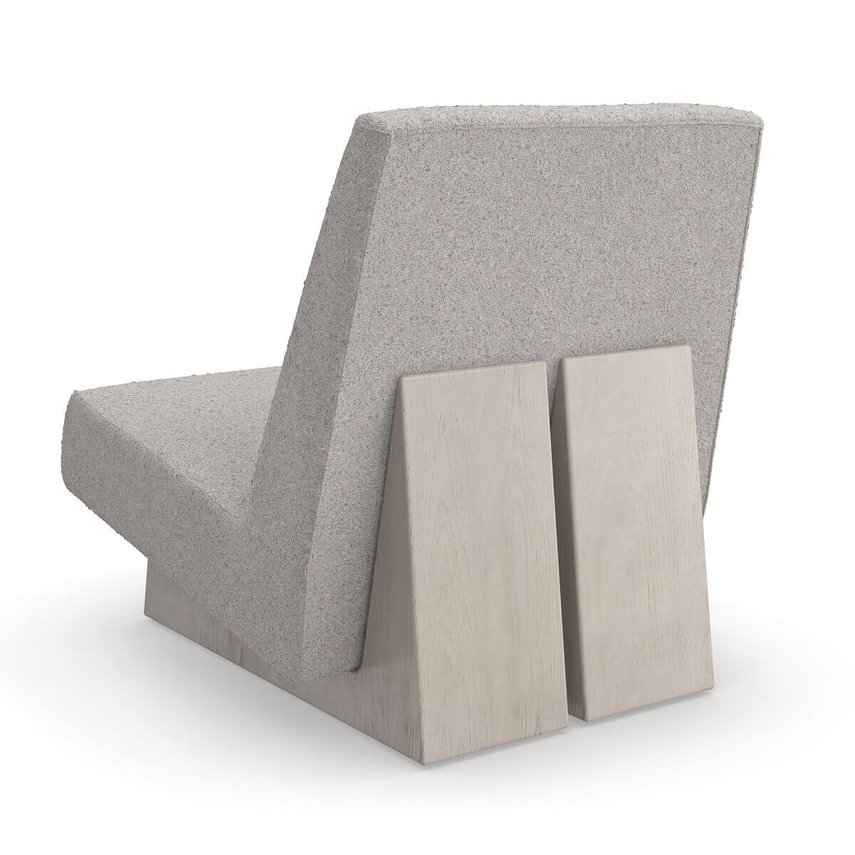 Back angle of modern low accent chair highlighting design.