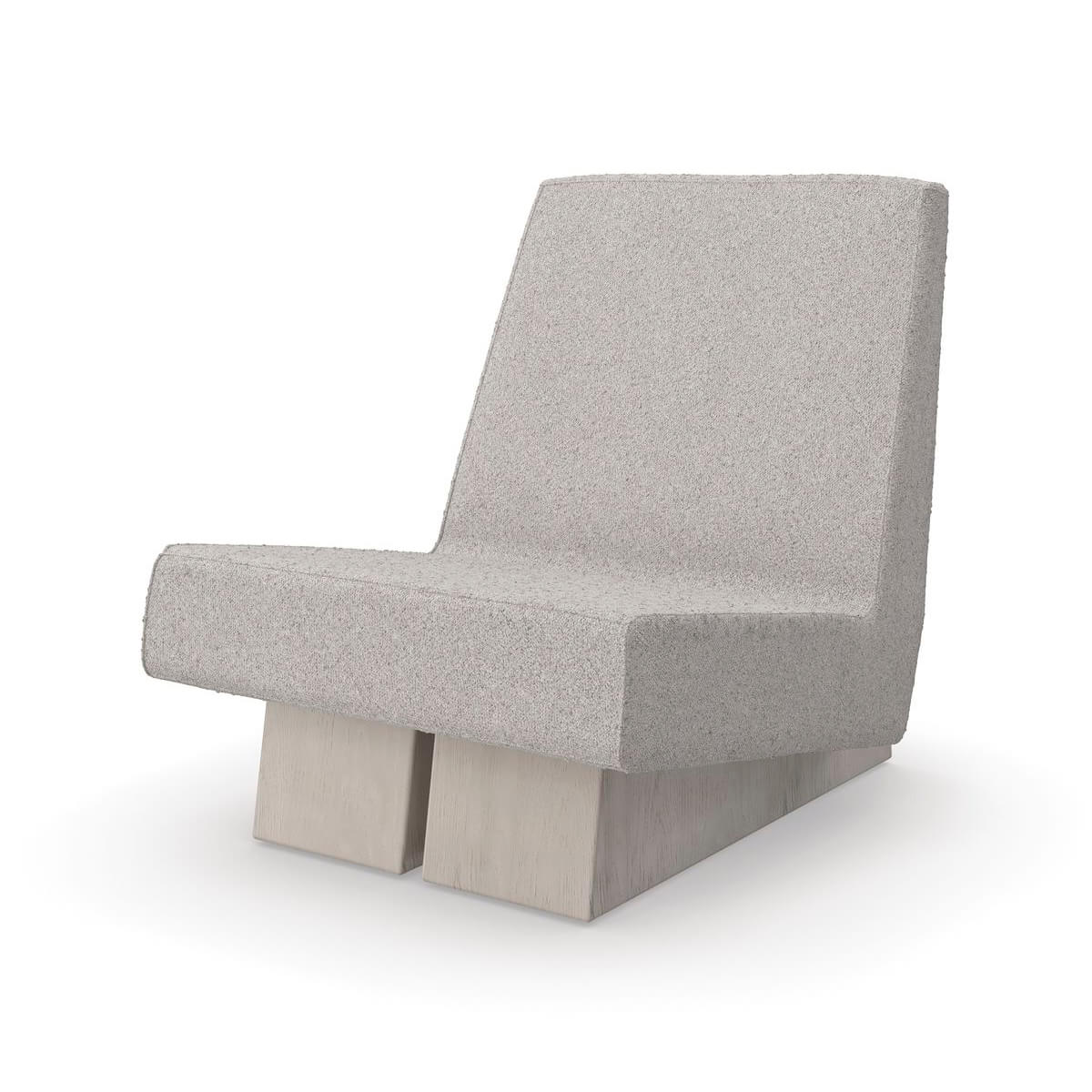 Front view of modern low accent chair with fabric cover.