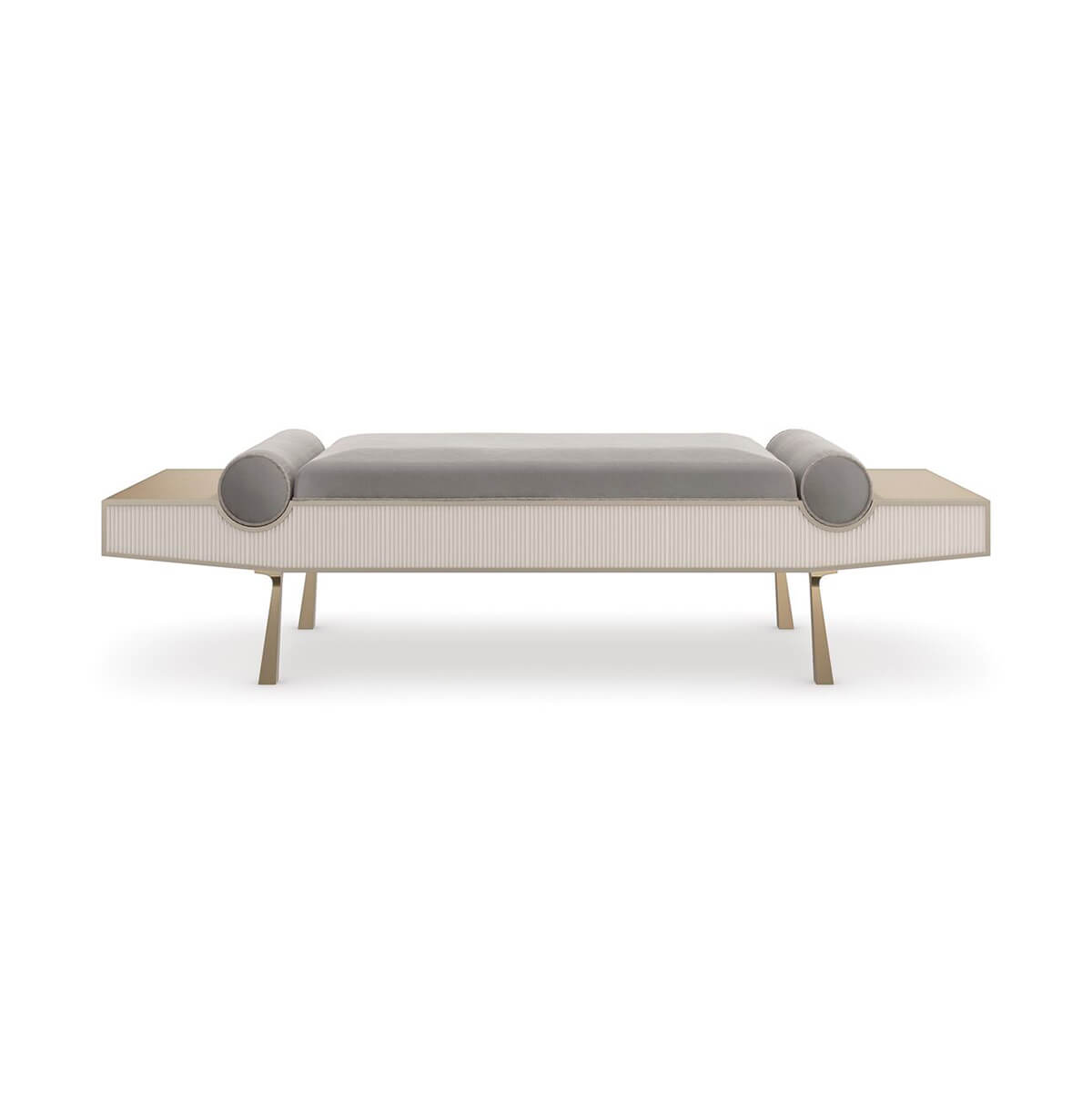 Modern luxury bench, front view, rounded cushions and legs.
