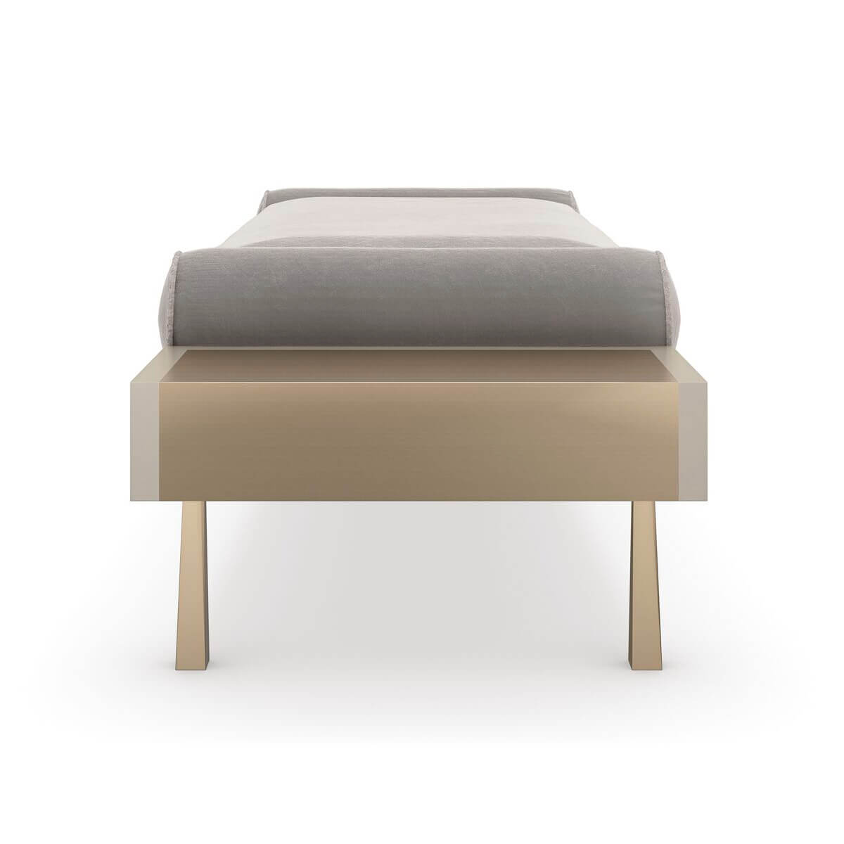 Modern luxury bench, close-up side view, sturdy legs shown.