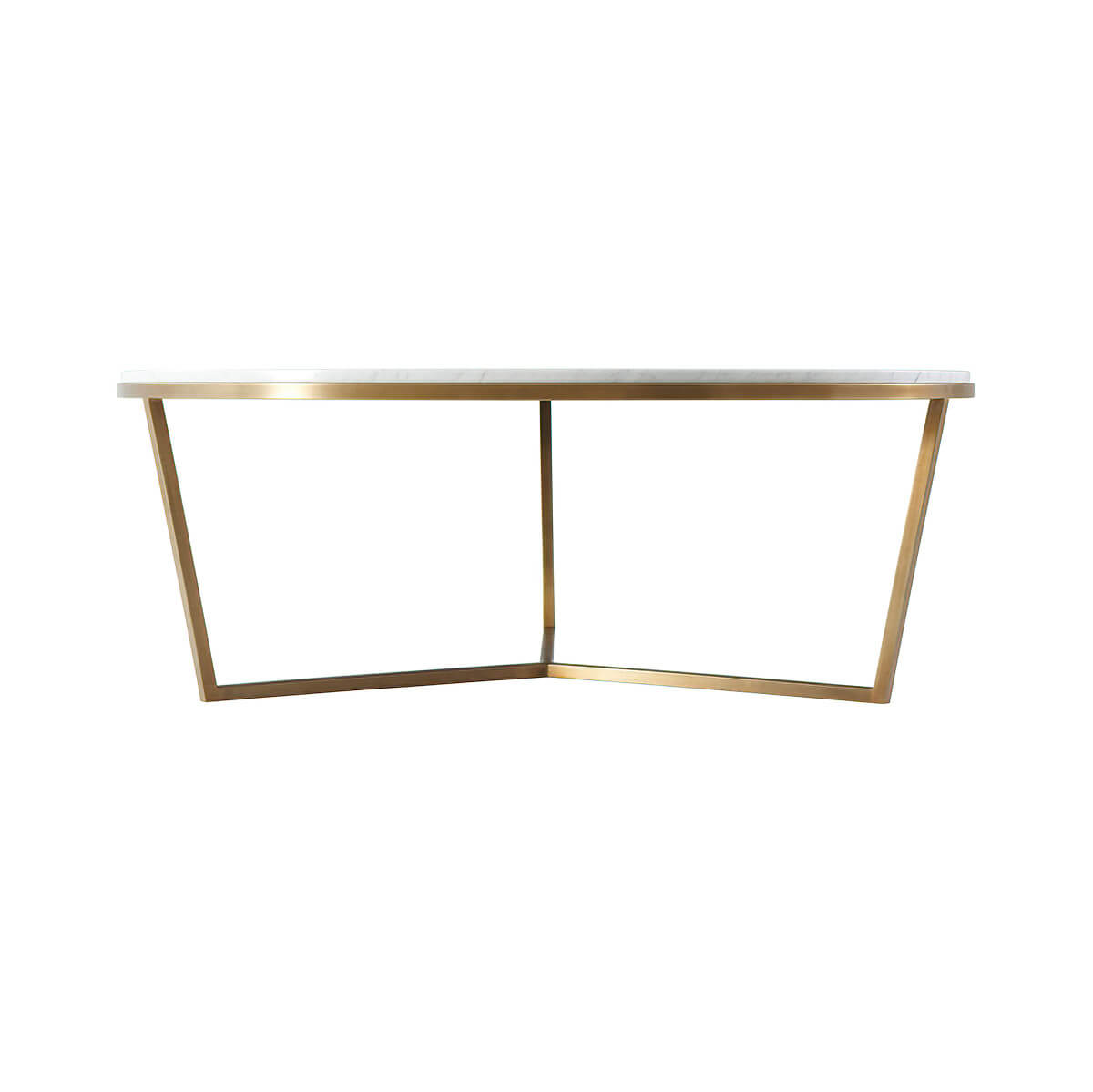 Side profile of marble cocktail table with gold base.