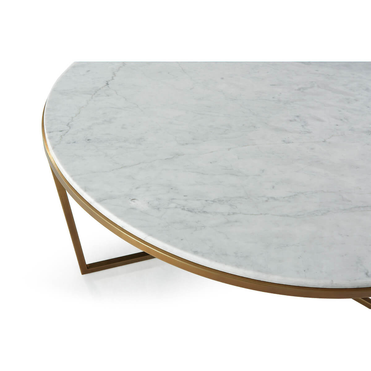 Close-up marble surface and gold frame cocktail table design.
