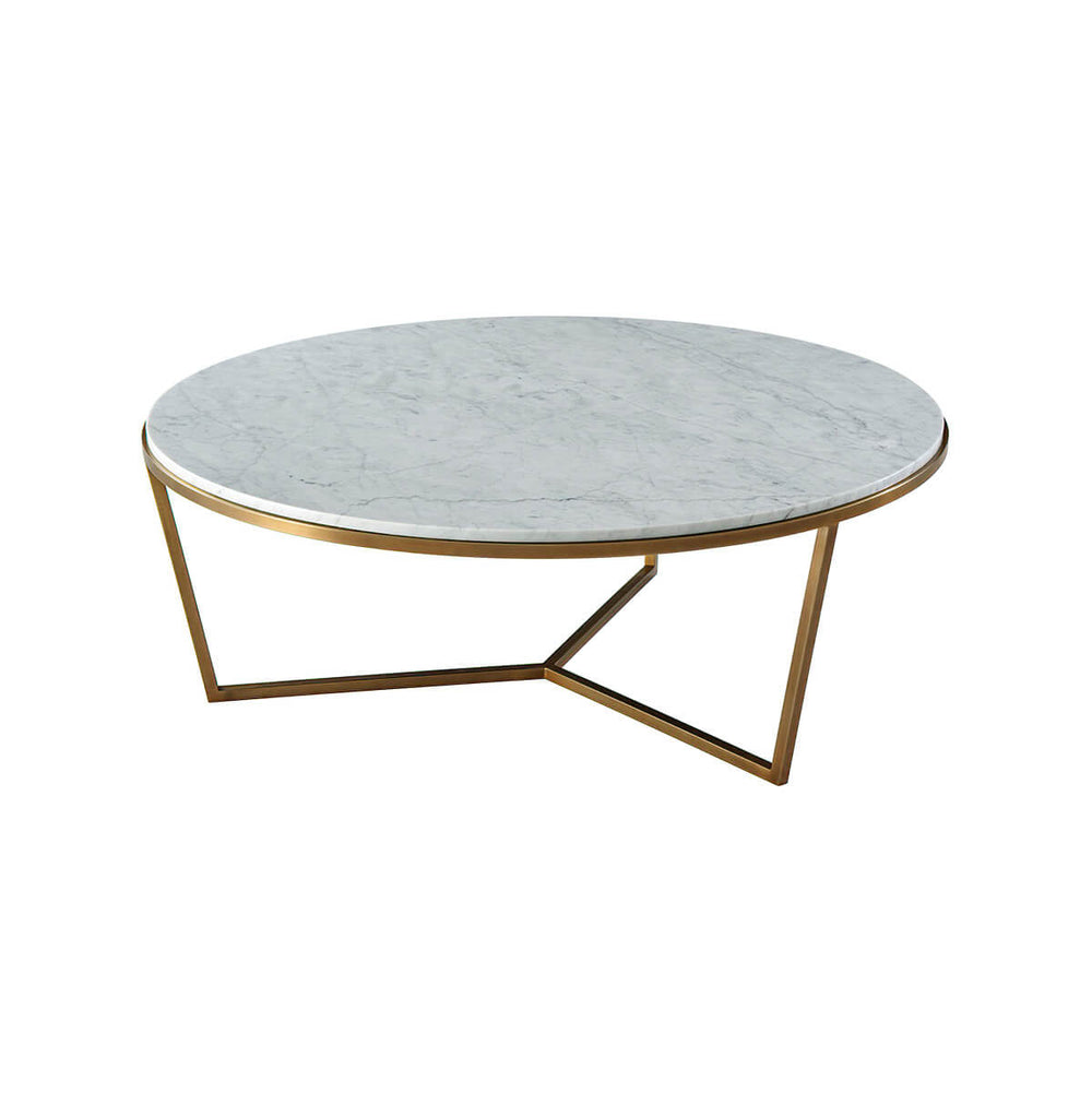 Round marble top cocktail table with gold geometric base.