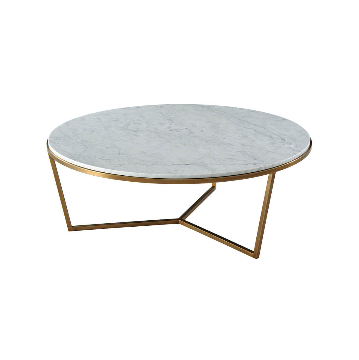 Round marble top cocktail table with gold geometric base.