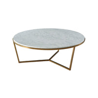 Round marble top cocktail table with gold geometric base.