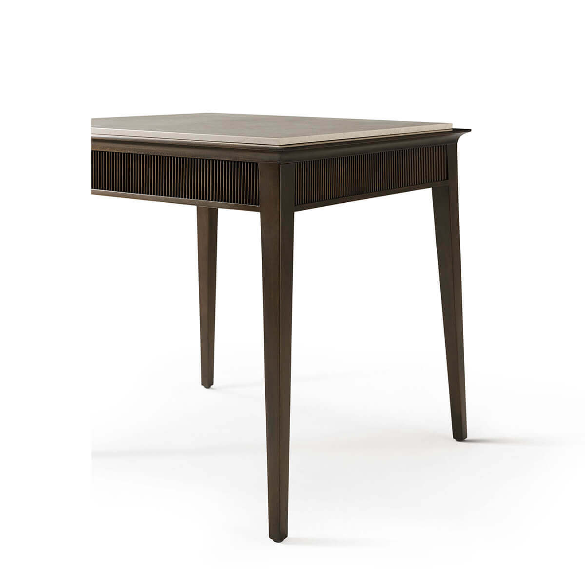 Side angle showing legs of marble top end table.