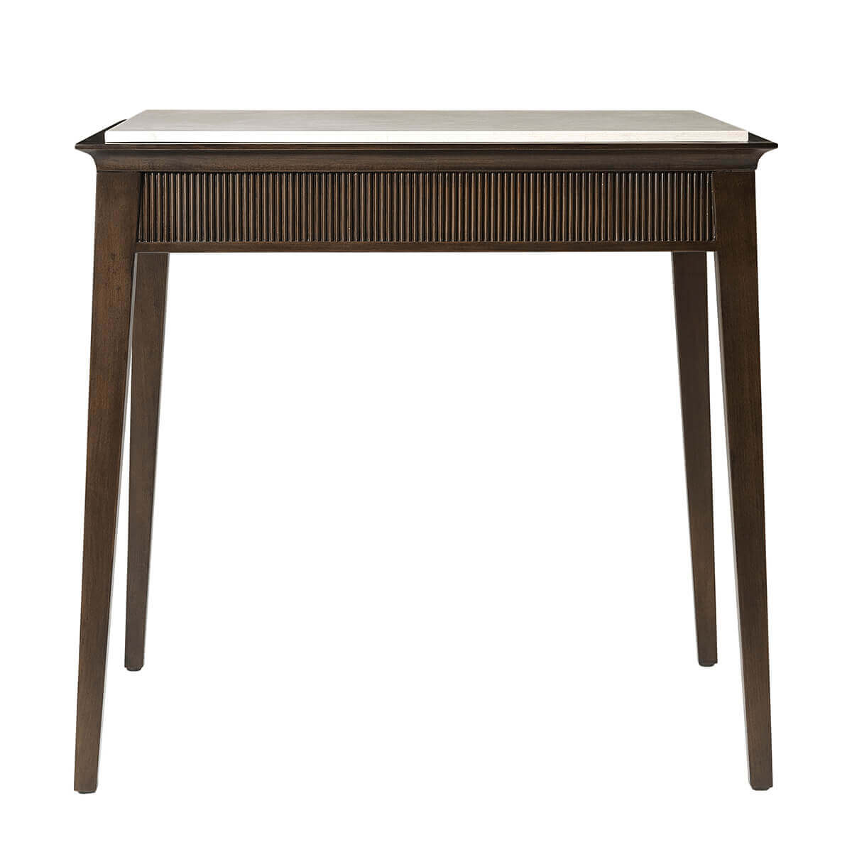 Front view of modern marble top end table.