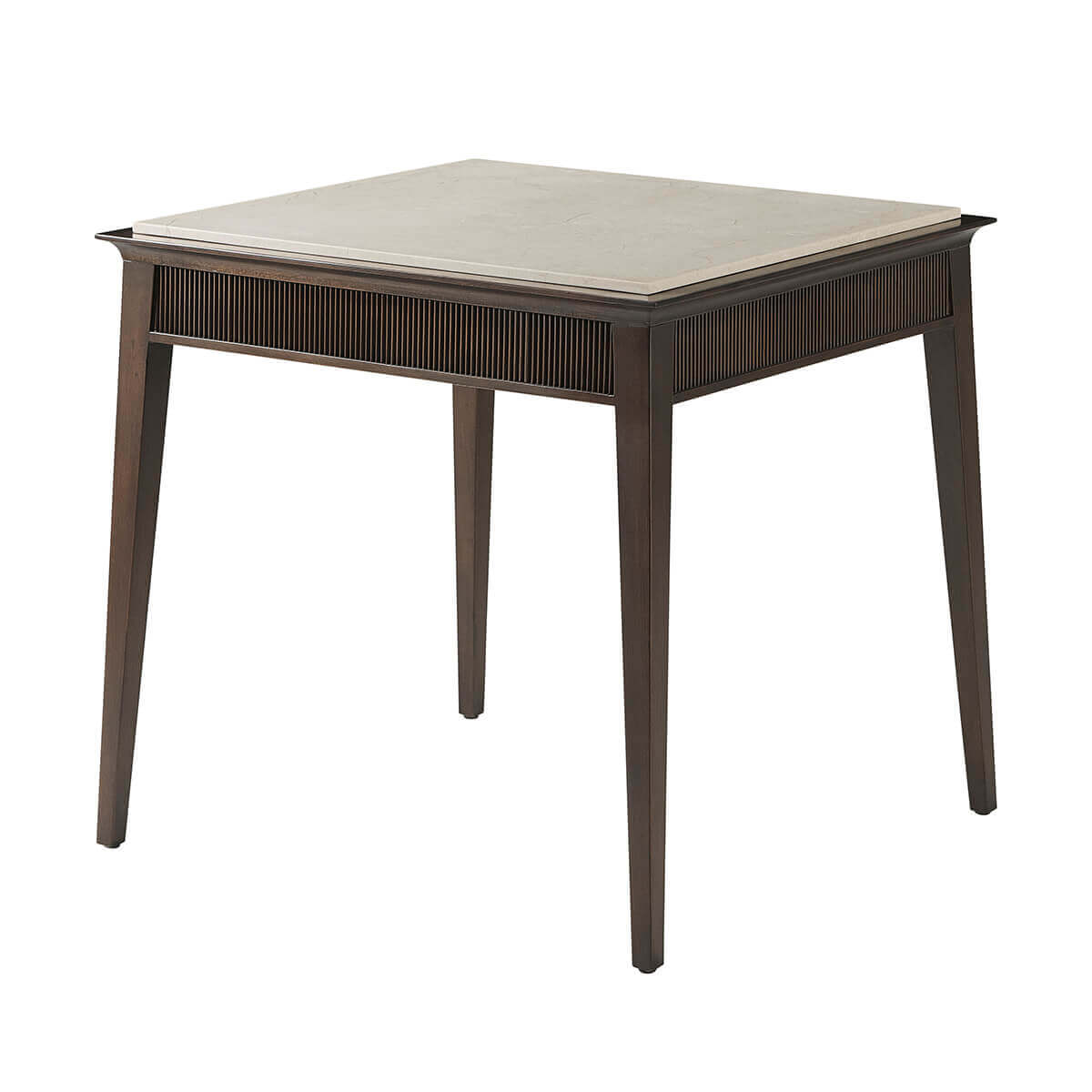 Angled view of modern marble top end table.