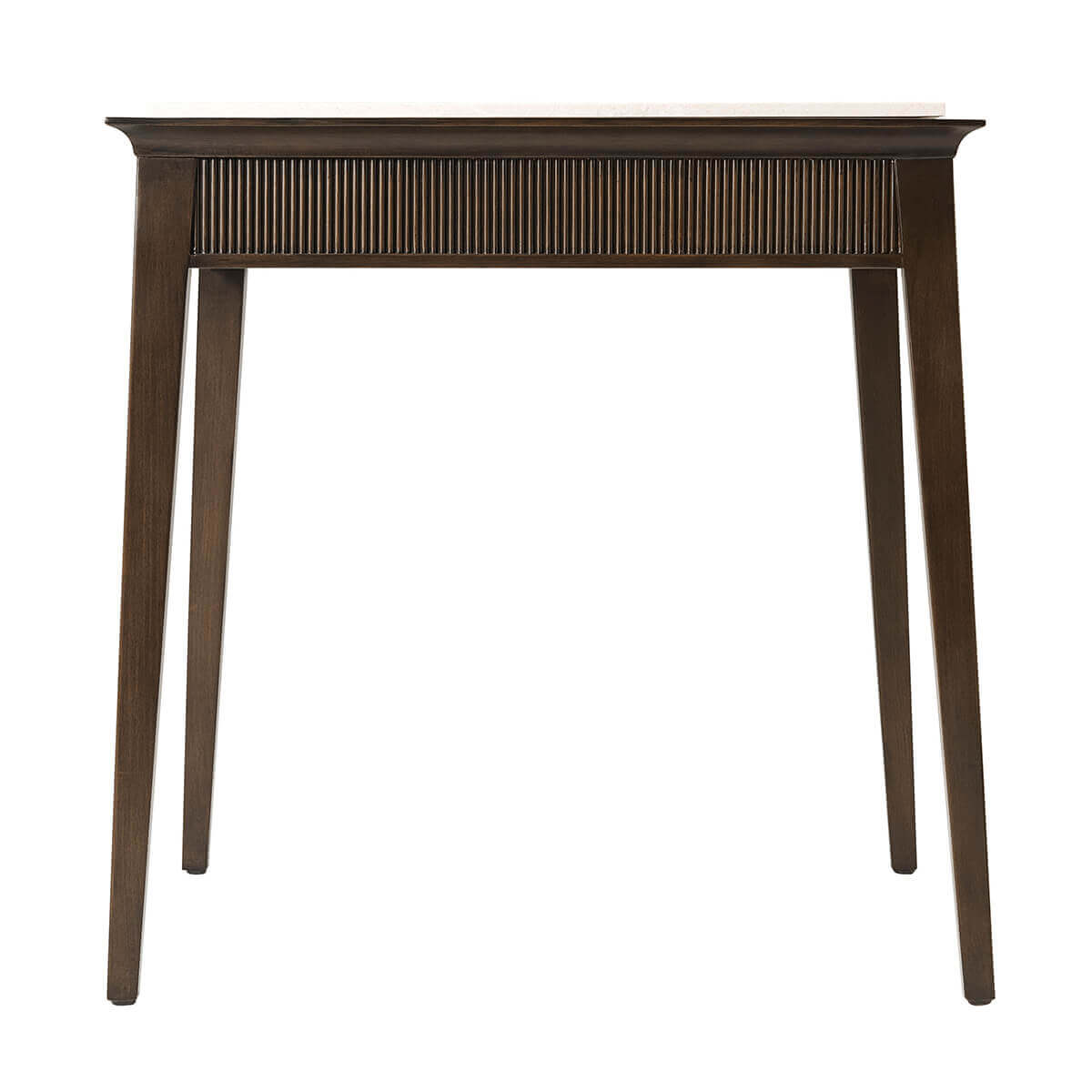 Back view of modern marble top end table design.