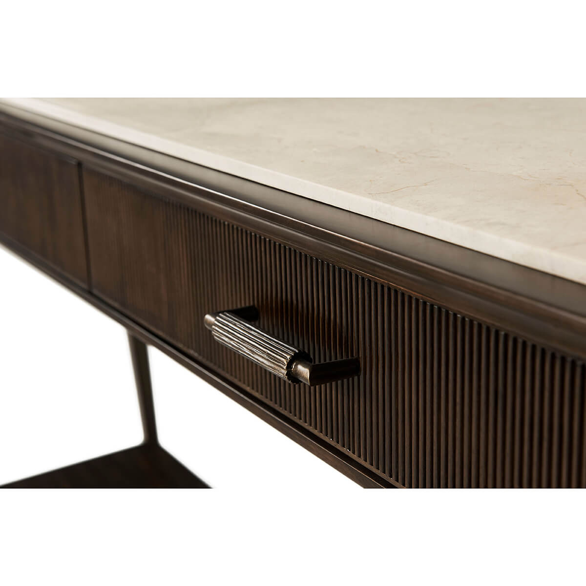 Detail of console table handle and textured drawer front.
