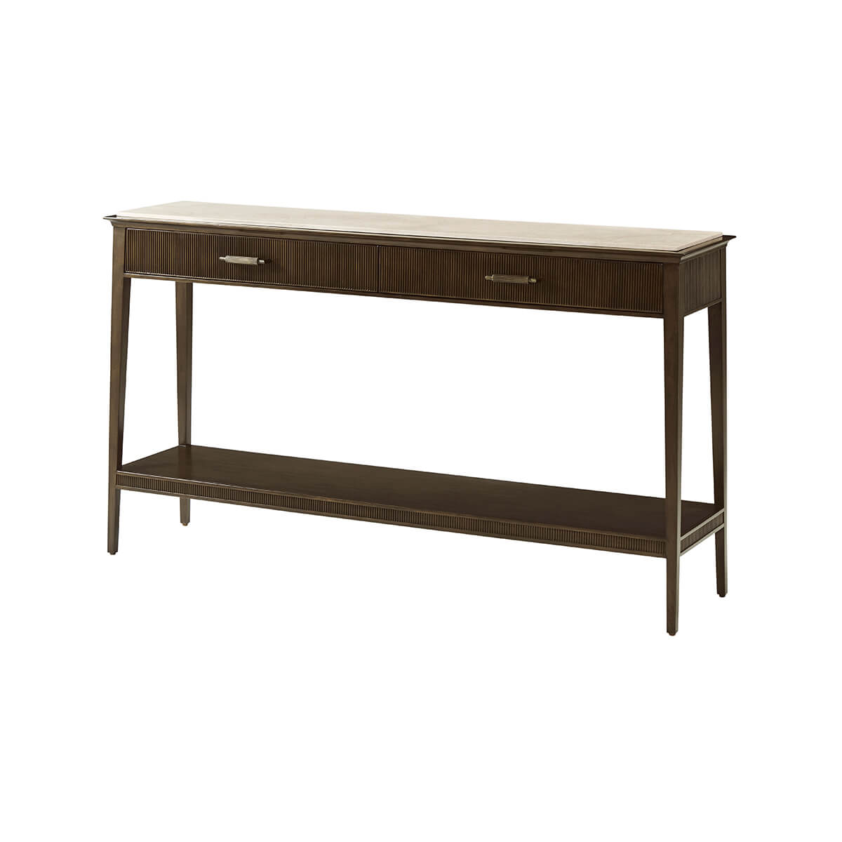 Side view of modern marble top console table.