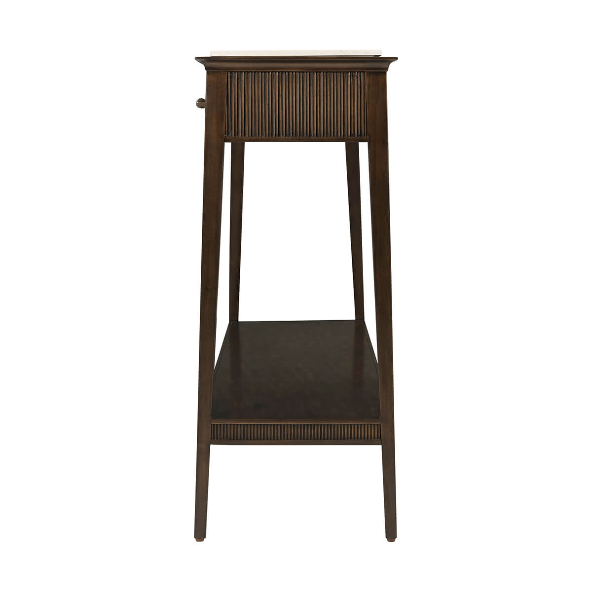 Side profile showing console table's slim legs and shelf.