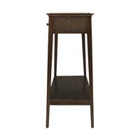 Side profile showing console table's slim legs and shelf.