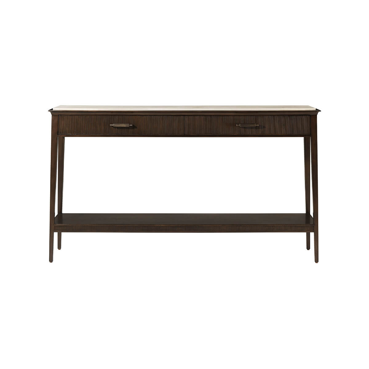 Front view of marble top French console table.