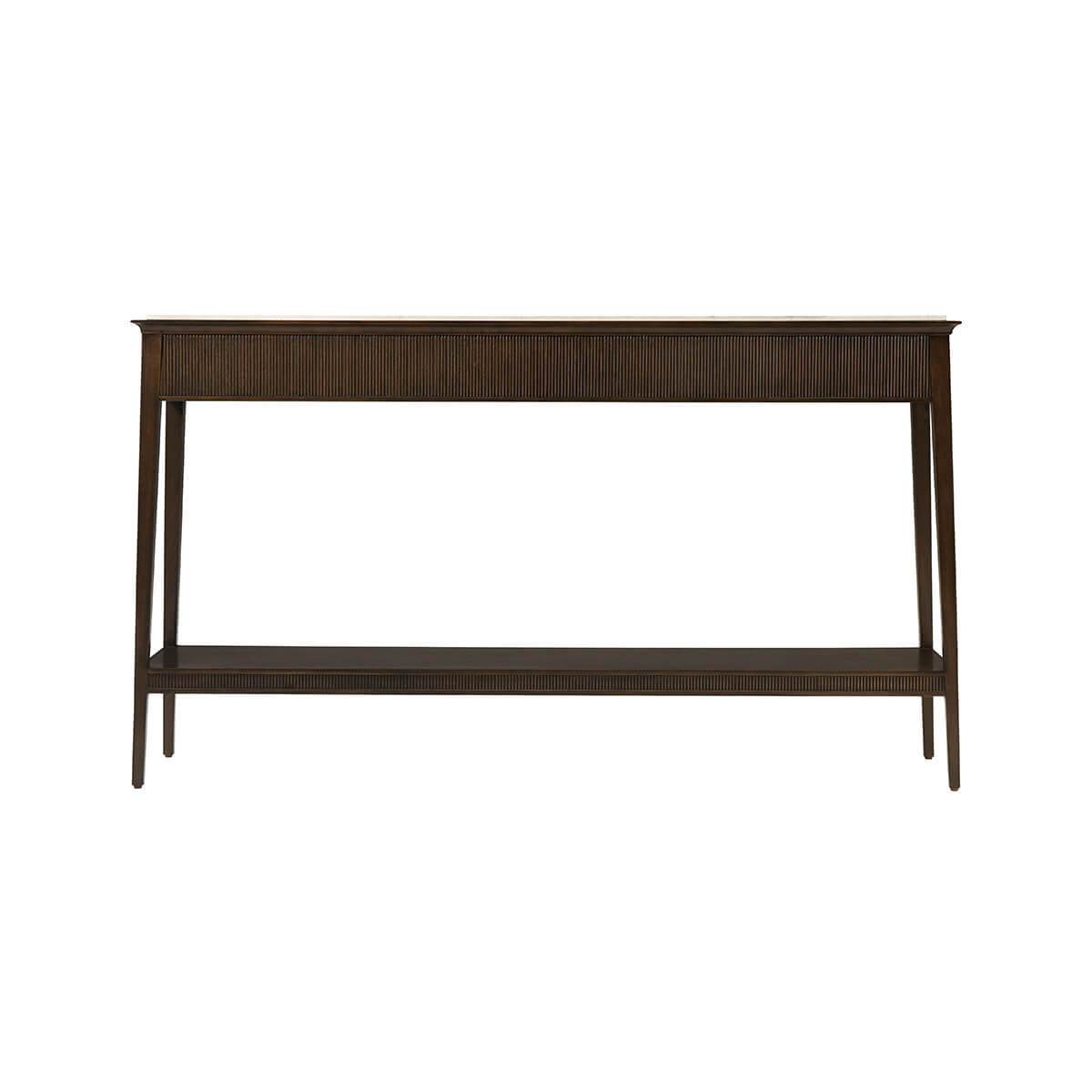 Back of modern console table with marble top.